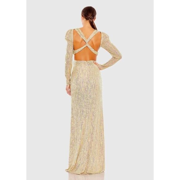 Ieena for Mac Duggal Gold Metallic Puff Sleeve Cut Out Gown - Size 6 - NWT - Picture 3 of 7